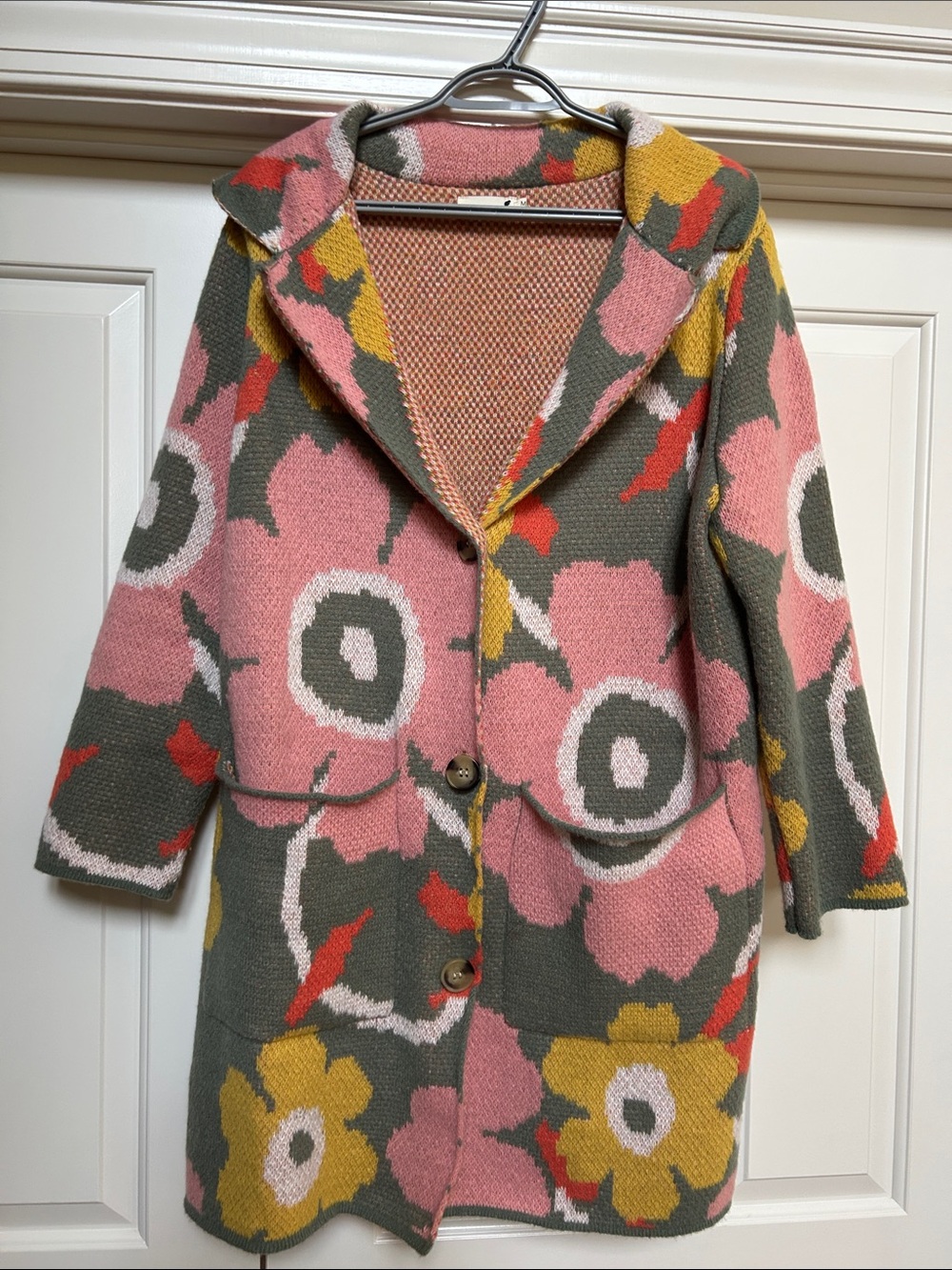 Floral Knit Oversized Cardigan Sweater / coat - Pink & Olive